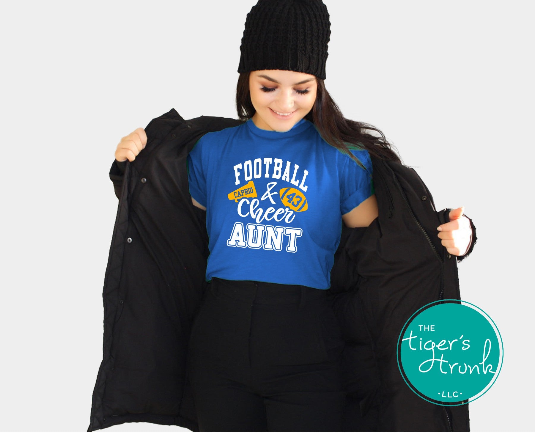 Football and Cheer Aunt shirt with megaphone and football, personalized with names and school colors for football and cheer game day support