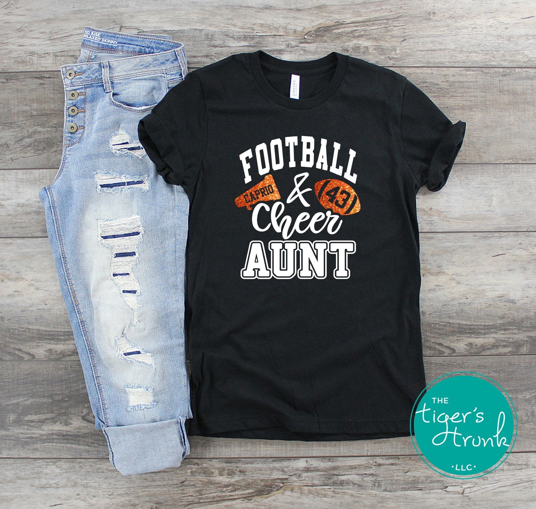 Football and Cheer Aunt shirt with megaphone and football, personalized with names and school colors for football and cheer game day support