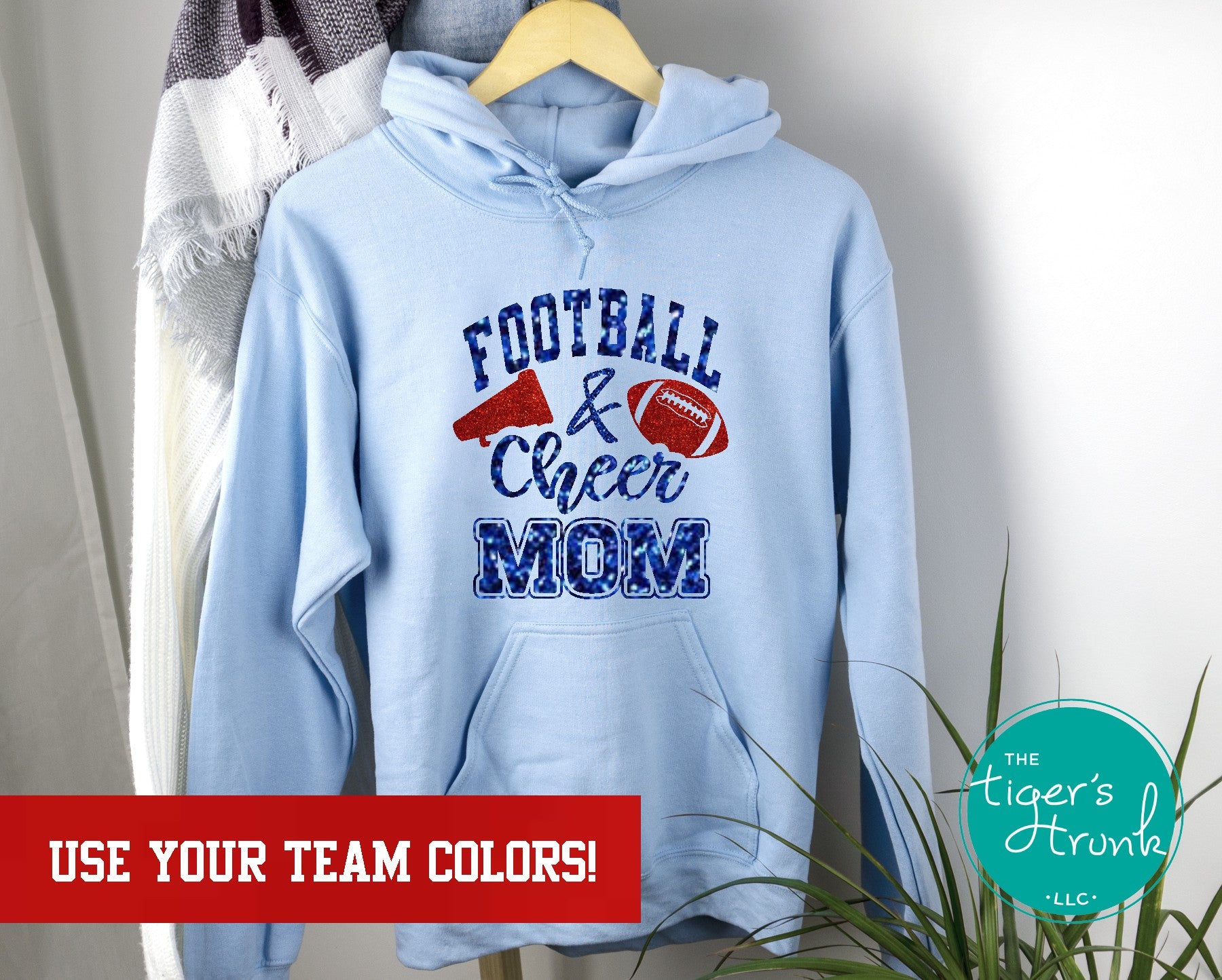 Custom Football and Cheer Mom hoodie with megaphone and football graphics, personalized with school colors and mascot for game day spirit wear