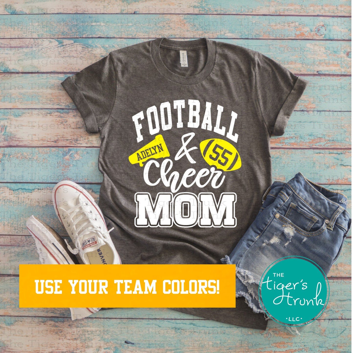 Custom Football and Cheer Mom shirt with megaphone and football, personalized with school colors, cheerleader name, and player number or name