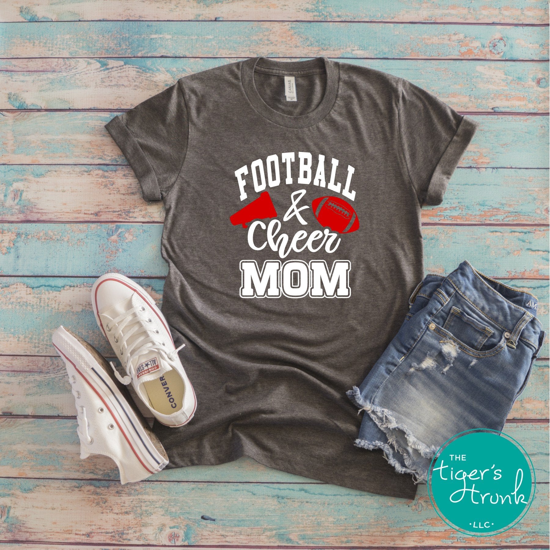 Football and Cheer Mom shirt with megaphone and football design, personalized with school colors and mascot, custom game day t-shirt for moms