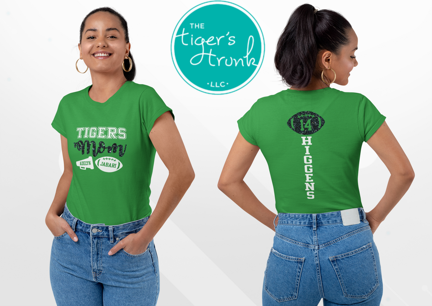 Custom football and cheer mom shirt with personalized mascot, football player, cheerleader, family surname, and jersey number