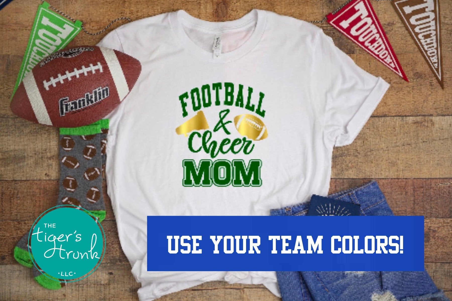 Football and Cheer Mom shirt with megaphone and football design, personalized with school colors and mascot, custom game day t-shirt for moms