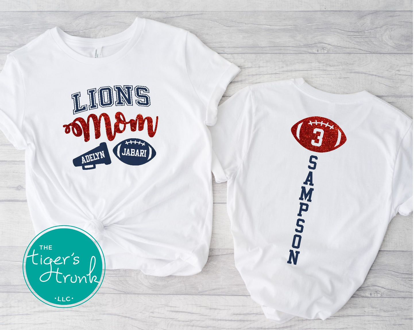 Custom football and cheer mom shirt with personalized mascot, football player, cheerleader, family surname, and jersey number