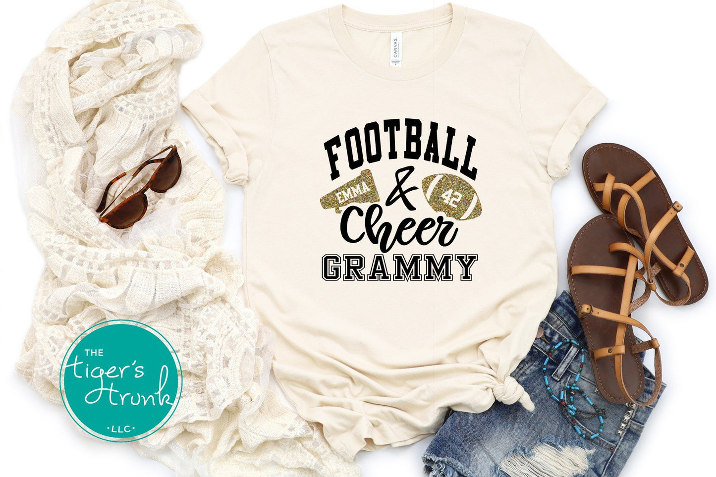 Football and Cheer Grammy shirt with megaphone and football design, customized with grandparent nickname, school colors, and names
