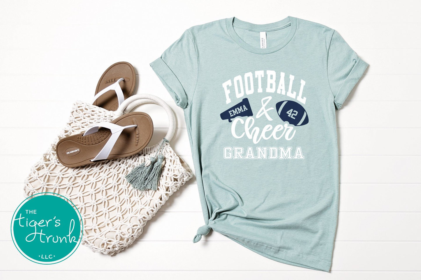 Football and Cheer Grandma shirt with megaphone and football design, customized with grandparent nickname, school colors, and names
