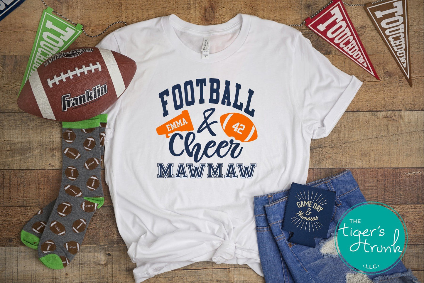Football and Cheer Mawmaw shirt with megaphone and football design, customized with grandparent nickname, school colors, and names