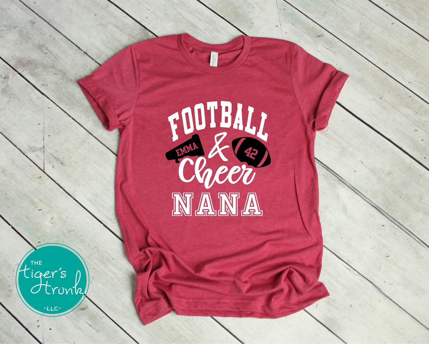 Football and Cheer Nana shirt with megaphone and football design, customized with grandparent nickname, school colors, and names