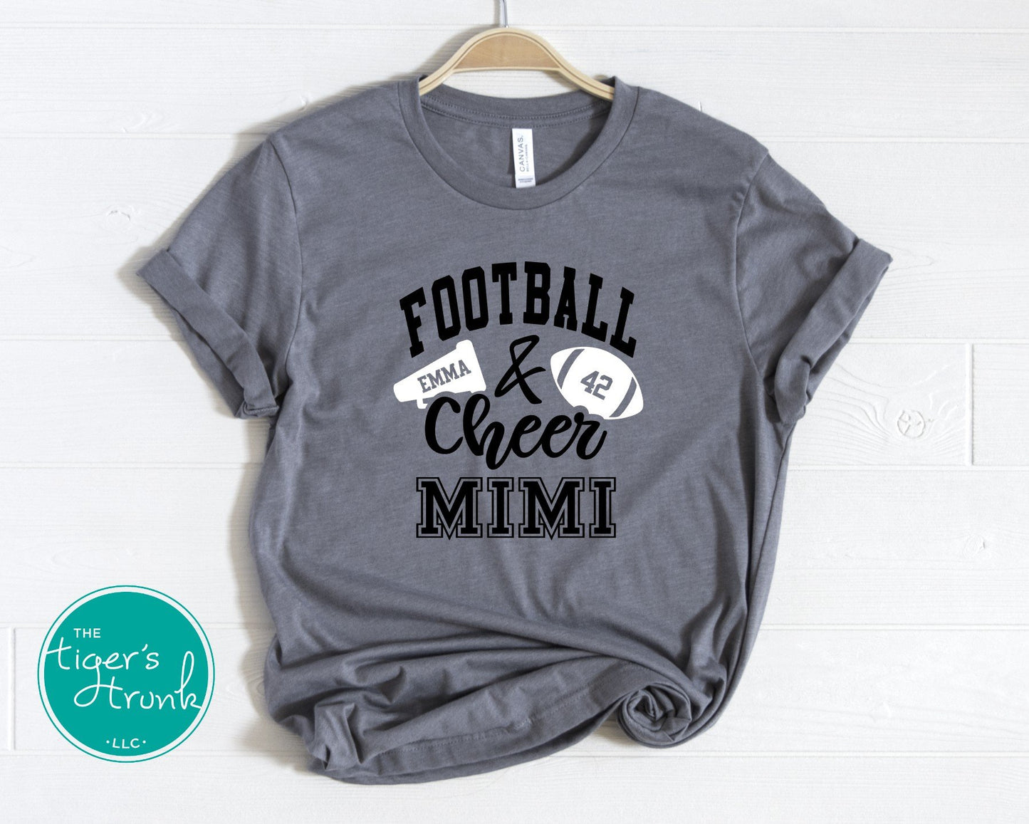 Football and Cheer Mimi shirt with megaphone and football design, customized with grandparent nickname, school colors, and names