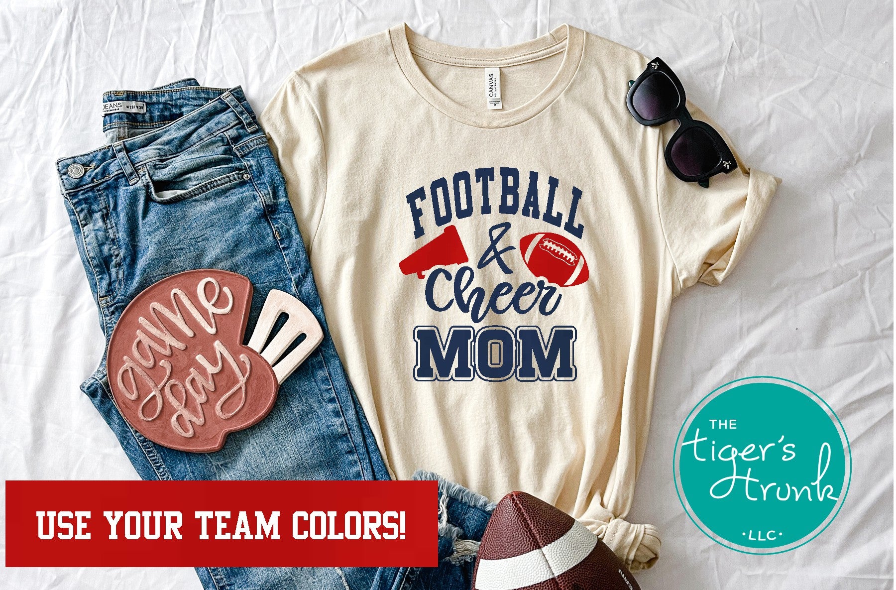 Football and Cheer Mom shirt with megaphone and football design, personalized with school colors and mascot, custom game day t-shirt for moms