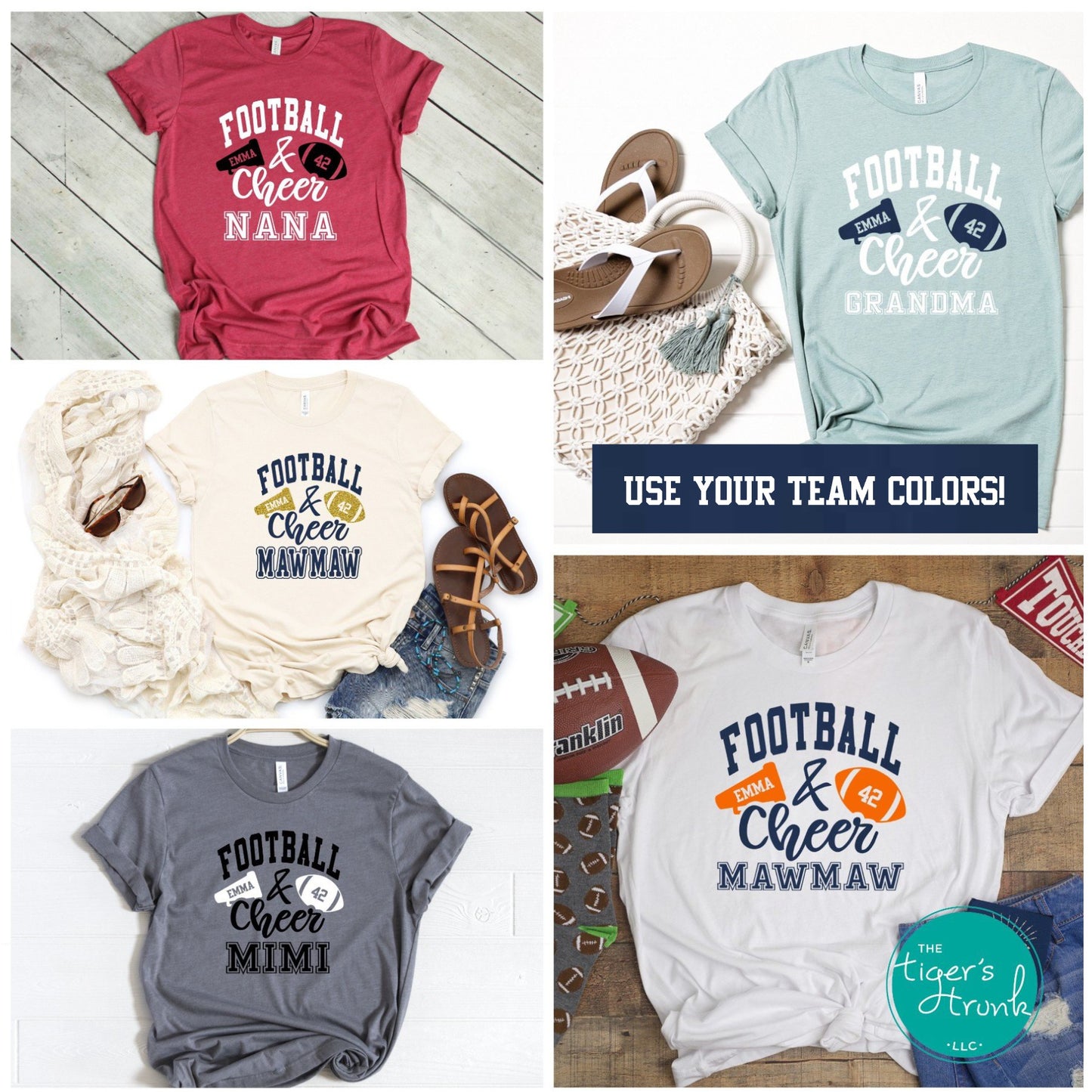 Football and Cheer grandparent shirt with megaphone and football design, customized with grandparent nickname, school colors, and names