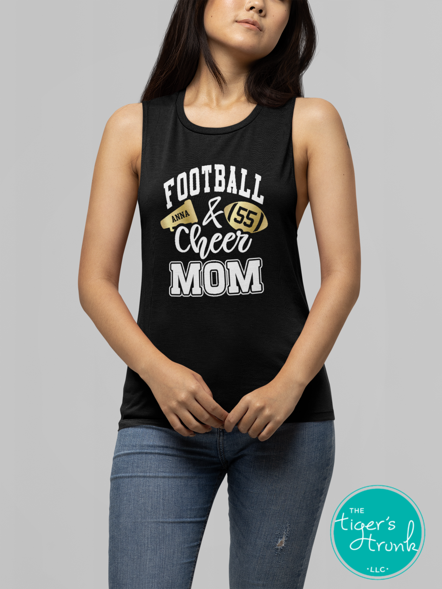 Personalized Football and Cheer Mom sleeveless tank top with megaphone and football design in school colors, custom cheerleader and player names