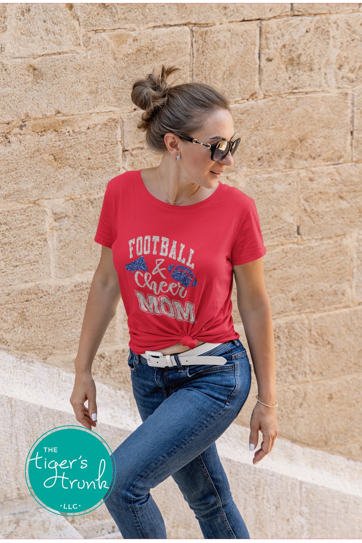 Football and Cheer Mom shirt with megaphone and football design, personalized with school colors and mascot, custom game day t-shirt for moms