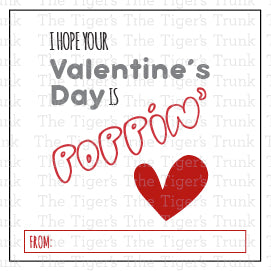 Printable pop-themed Valentine’s tags featuring fun messages like "Just Poppin' By to Say Happy V-Day" and "You Make My Heart Pop," perfect for gum, popcorn, bubbles, or fidget toys.
