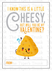 Funny printable Valentine cards with cheese puns, instant download, perfect for kids, classroom exchanges, snack-themed Valentine gifts.