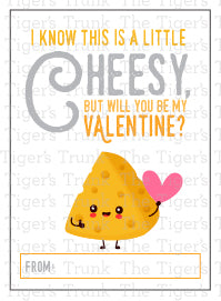 Funny printable Valentine cards with cheese puns, instant download, perfect for kids, classroom exchanges, snack-themed Valentine gifts.