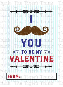 Printable mustache-themed Valentine cards with a funny pun, instant download, perfect for classroom exchanges and non-candy Valentine gifts.