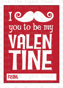 Printable mustache-themed Valentine cards with a funny pun, instant download, perfect for classroom exchanges and non-candy Valentine gifts.