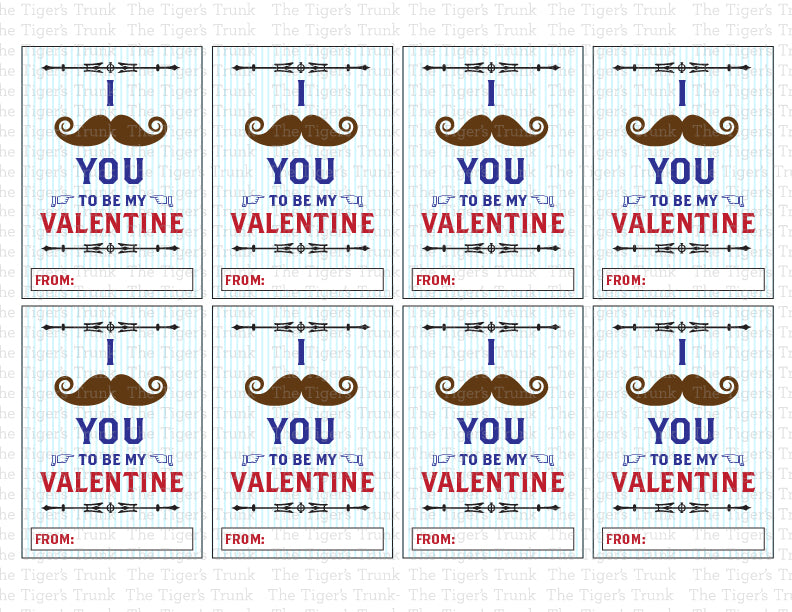 Printable mustache-themed Valentine cards with a funny pun, instant download, perfect for classroom exchanges and non-candy Valentine gifts.