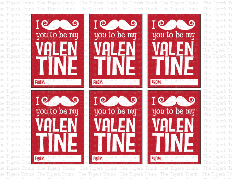 Printable mustache-themed Valentine cards with a funny pun, instant download, perfect for classroom exchanges and non-candy Valentine gifts.