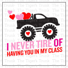 Printable Valentine’s Day cards for teachers featuring monster trucks and hearts, instant download with 4 designs for students.
