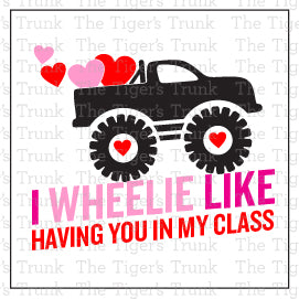 Printable Valentine’s Day cards for teachers featuring monster trucks and hearts, instant download with 4 designs for students.