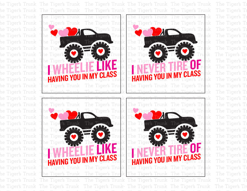 Printable Valentine’s Day cards for teachers featuring monster trucks and hearts, instant download with 4 designs for students.