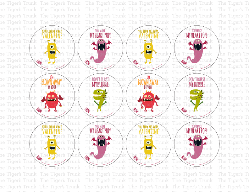 Printable Valentine stickers with bubble-themed puns, instant download round labels for classroom Valentine gifts and party favors.