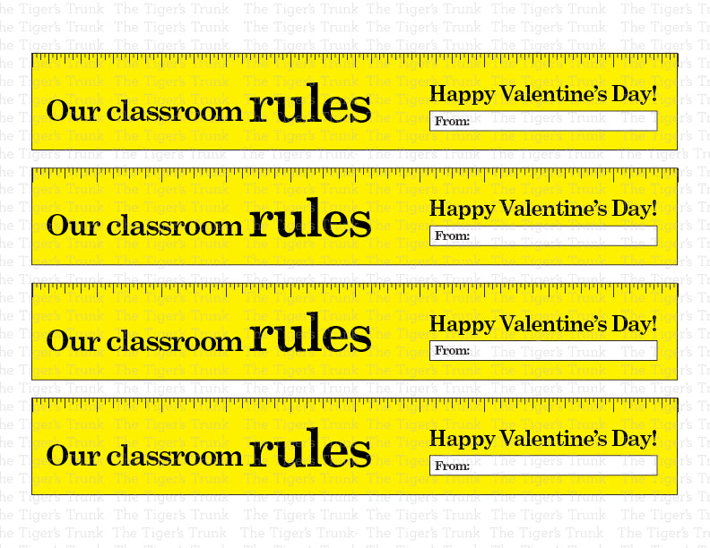 Printable ruler-themed Valentine’s cards for teachers to gift to students, featuring the message "Our Classroom Rules."