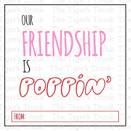 Printable pop-themed Valentine’s tags featuring fun messages like "Just Poppin' By to Say Happy V-Day" and "You Make My Heart Pop," perfect for gum, popcorn, bubbles, or fidget toys.