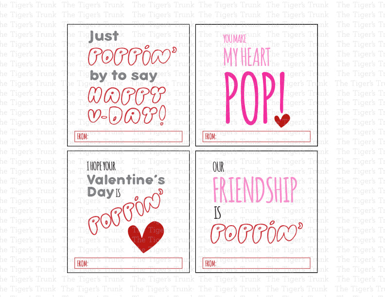 Printable pop-themed Valentine’s tags featuring fun messages like "Just Poppin' By to Say Happy V-Day" and "You Make My Heart Pop," perfect for gum, popcorn, bubbles, or fidget toys.