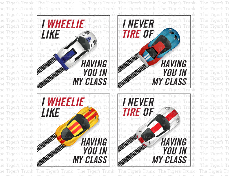 Digital download racecar-themed Valentine cards for teachers, 4 designs with 2 slogans, perfect for classroom exchanges.