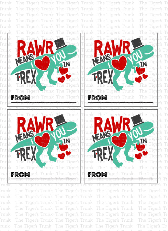 Printable Valentine’s square tags featuring a T-Rex graphic and the phrase Rawr Means I Love You in T-Rex, perfect for gifts and treats