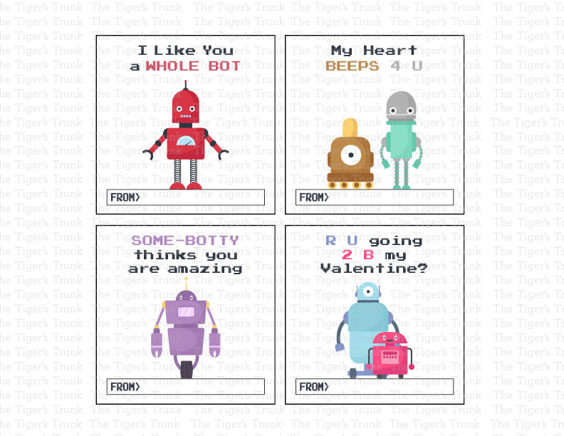 Robot-themed Valentine square tags, an instant download set of four designs, perfect for STEM-inspired Valentine’s Day gifts and favors.