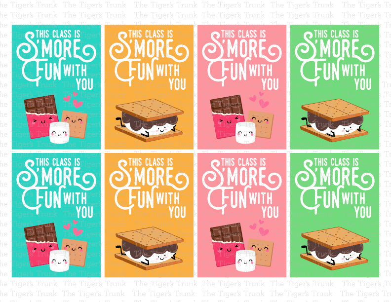 S'more-themed teacher-to-student Valentine’s cards featuring the message "This Class is S'More Fun with You."