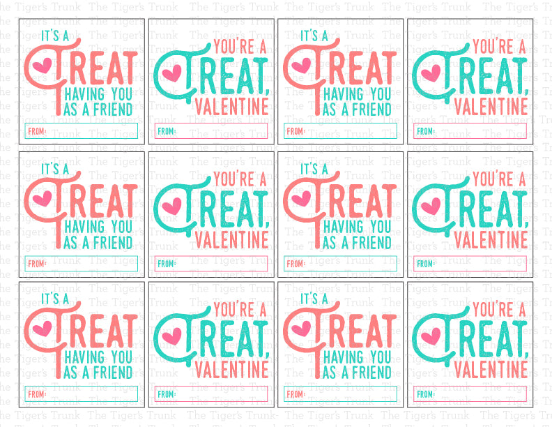 Printable treat-themed Valentine cards with fun puns, instant download non-candy Valentine gifts for classroom exchanges and party favors.