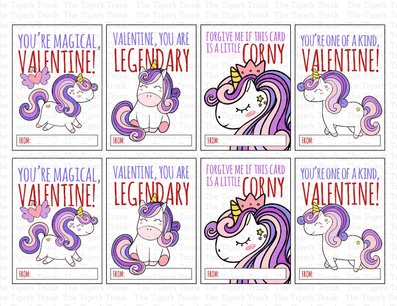 Printable unicorn-themed Valentine’s cards featuring messages like "You're Magical" and "You Are Legendary."
