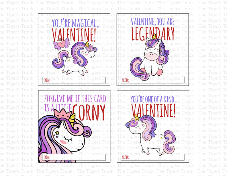 Printable unicorn-themed Valentine’s tags featuring messages like "You're Magical" and "You Are Legendary."