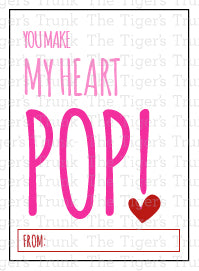 Printable pop-themed Valentine’s cards featuring fun messages like "Just Poppin' By to Say Happy V-Day" and "You Make My Heart Pop," perfect for gum, popcorn, bubbles, or fidget toys.