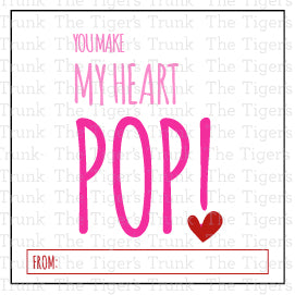 Printable pop-themed Valentine’s tags featuring fun messages like "Just Poppin' By to Say Happy V-Day" and "You Make My Heart Pop," perfect for gum, popcorn, bubbles, or fidget toys.
