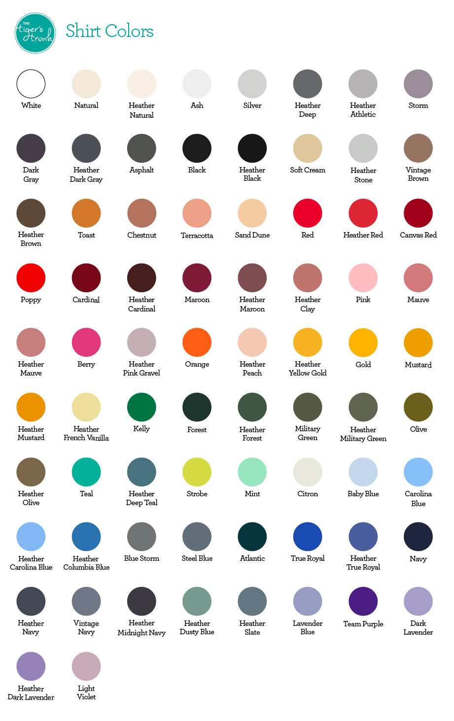 Color swatch chart for shirts with various color options.