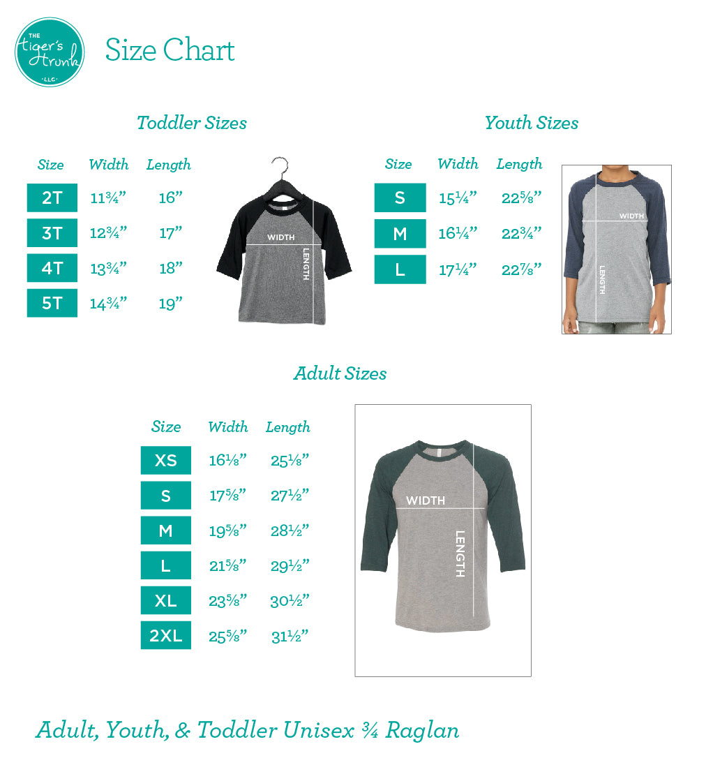 Bella+Canvas Raglan Sizing Chart for Toddler, Youth, Adult