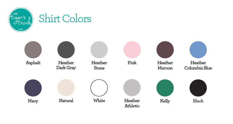 Color swatches for shirts with labels and 'The Tiger's Friend' logo.