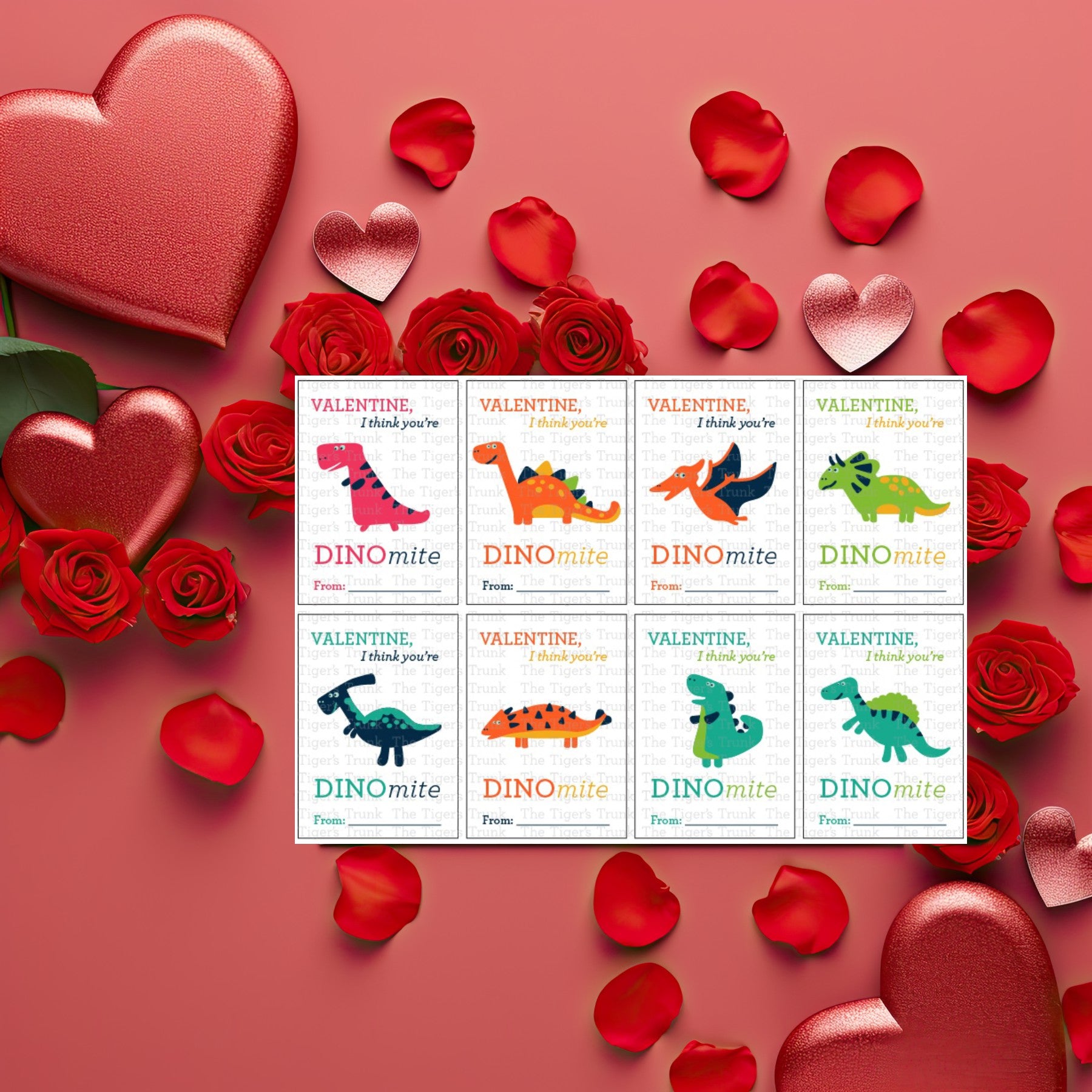 Printable dinosaur Valentine cards with colorful designs and the phrase "Valentine, I Think You’re DINOmite!" Instant download.