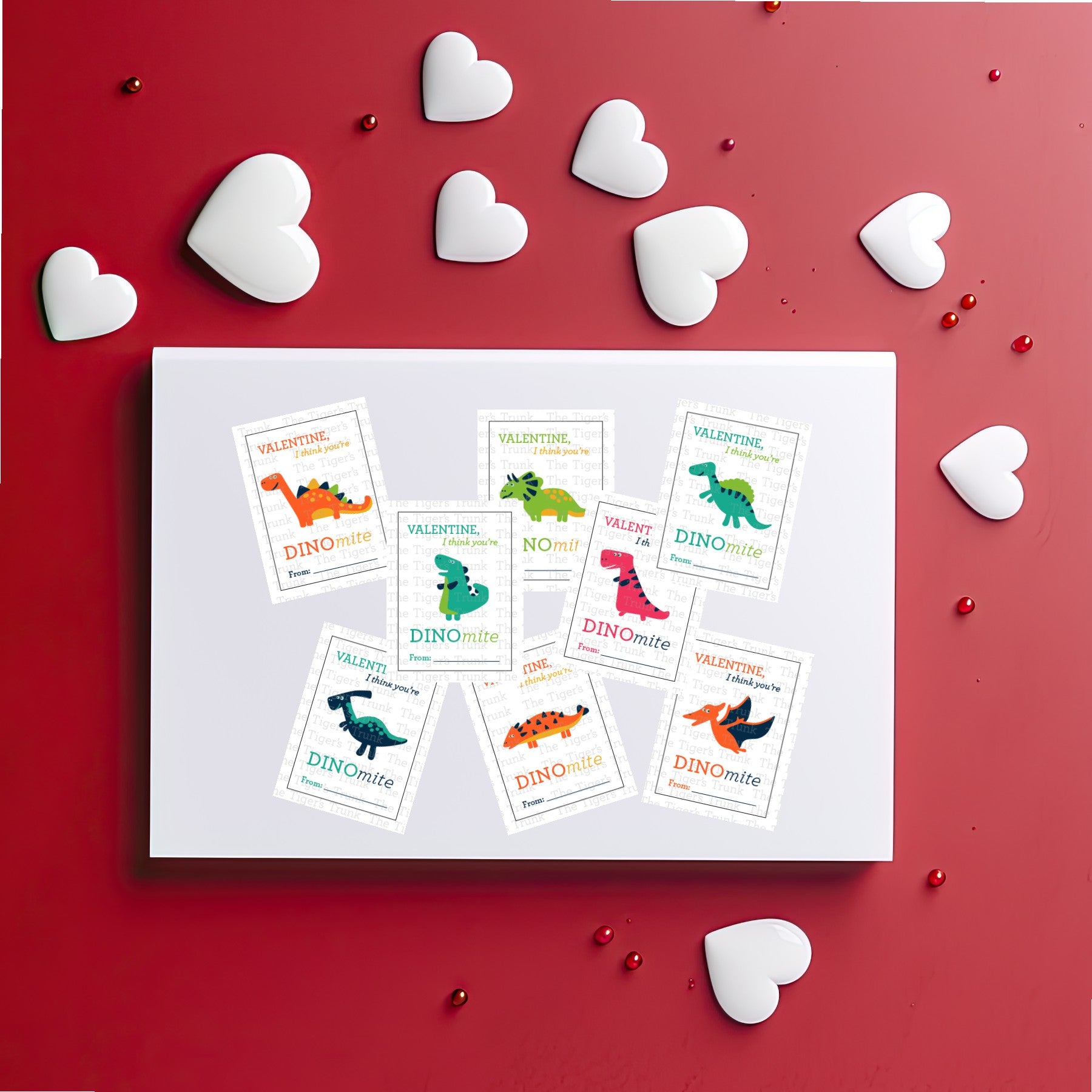 Printable dinosaur Valentine cards with colorful designs and the phrase "Valentine, I Think You’re DINOmite!" Instant download.