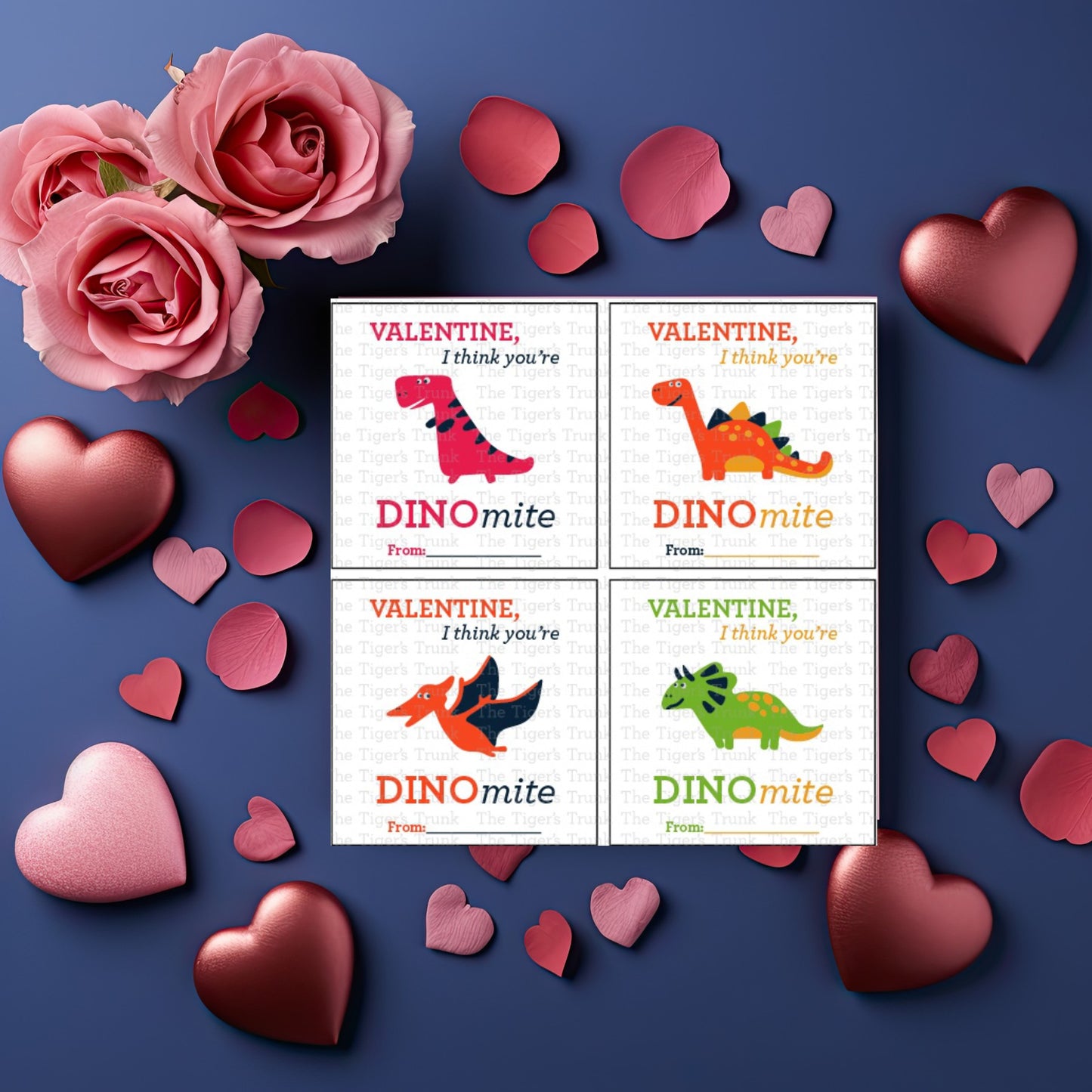Printable Valentine tags with colorful dinosaur designs and the phrase "Valentine, I Think You’re DINOmite!" Perfect for kids, instant download.