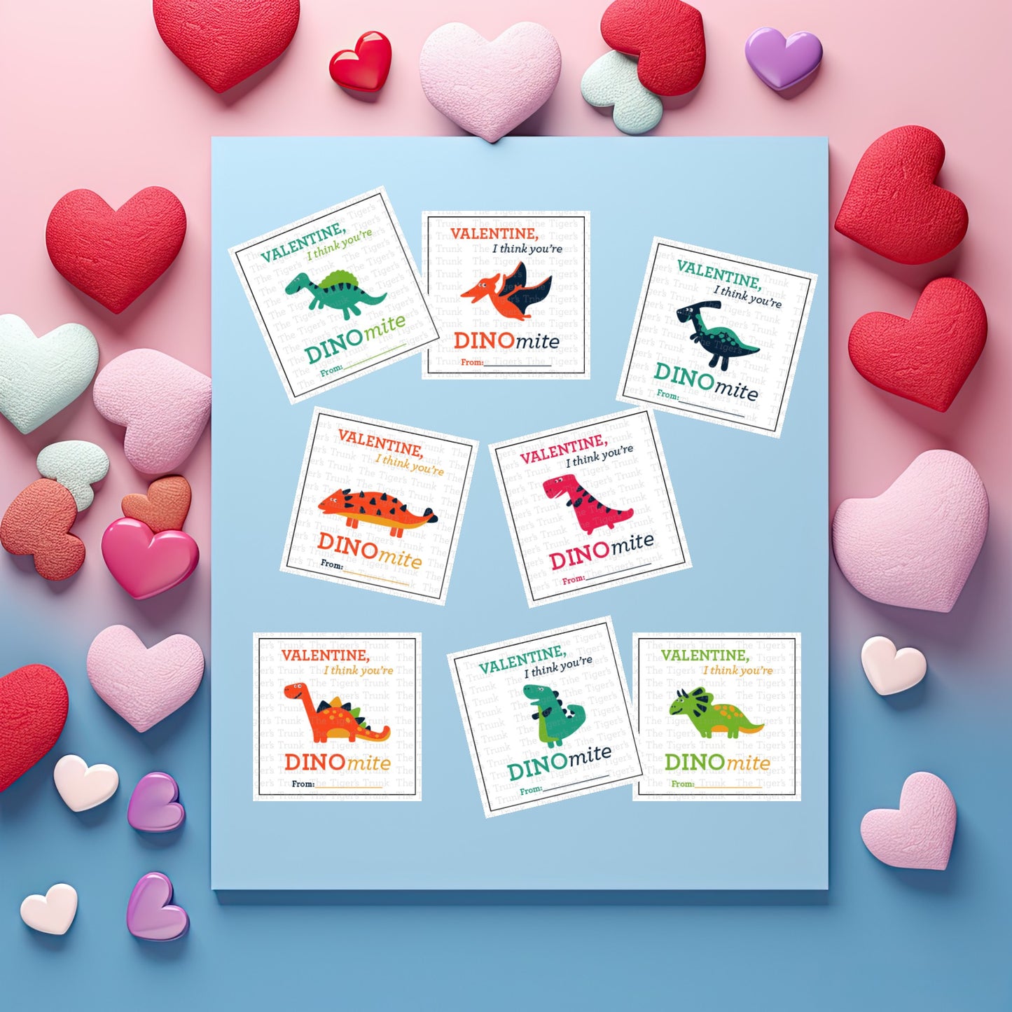 Printable Valentine tags with colorful dinosaur designs and the phrase "Valentine, I Think You’re DINOmite!" Perfect for kids, instant download.
