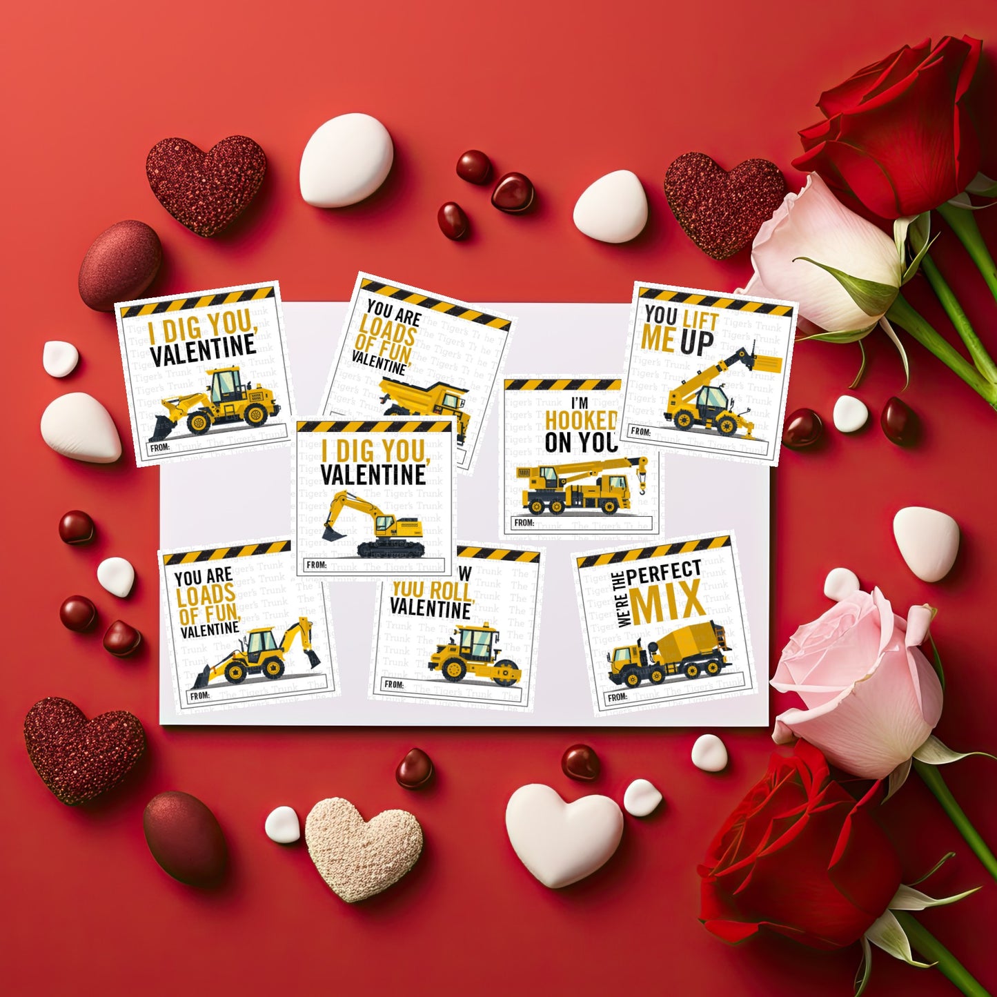 Digital download construction-themed Valentine tags featuring 8 square designs with trucks and excavators on one printable page.