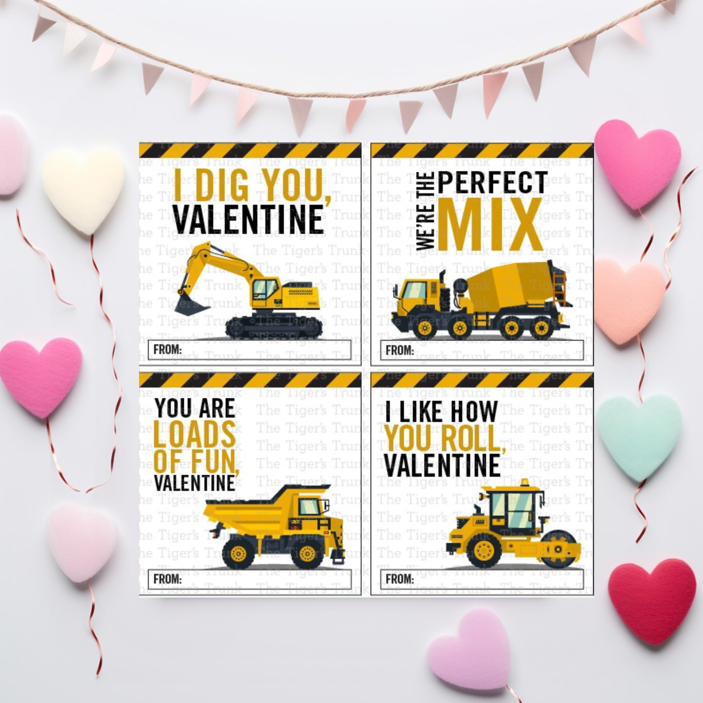 Digital download construction-themed Valentine tags featuring 8 square designs with trucks and excavators on one printable page.