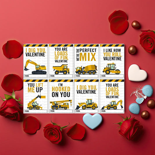 Digital download construction Valentine cards for kids with 8 unique designs on one printable page, featuring trucks and excavators.